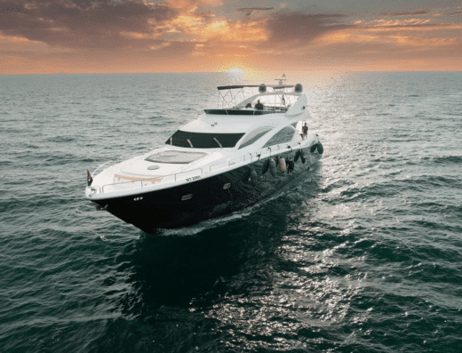 Luxury Black Predator Yacht, 31 meters, 2020 model, designed for 30 guests, featuring modern interiors and spacious deck areas.